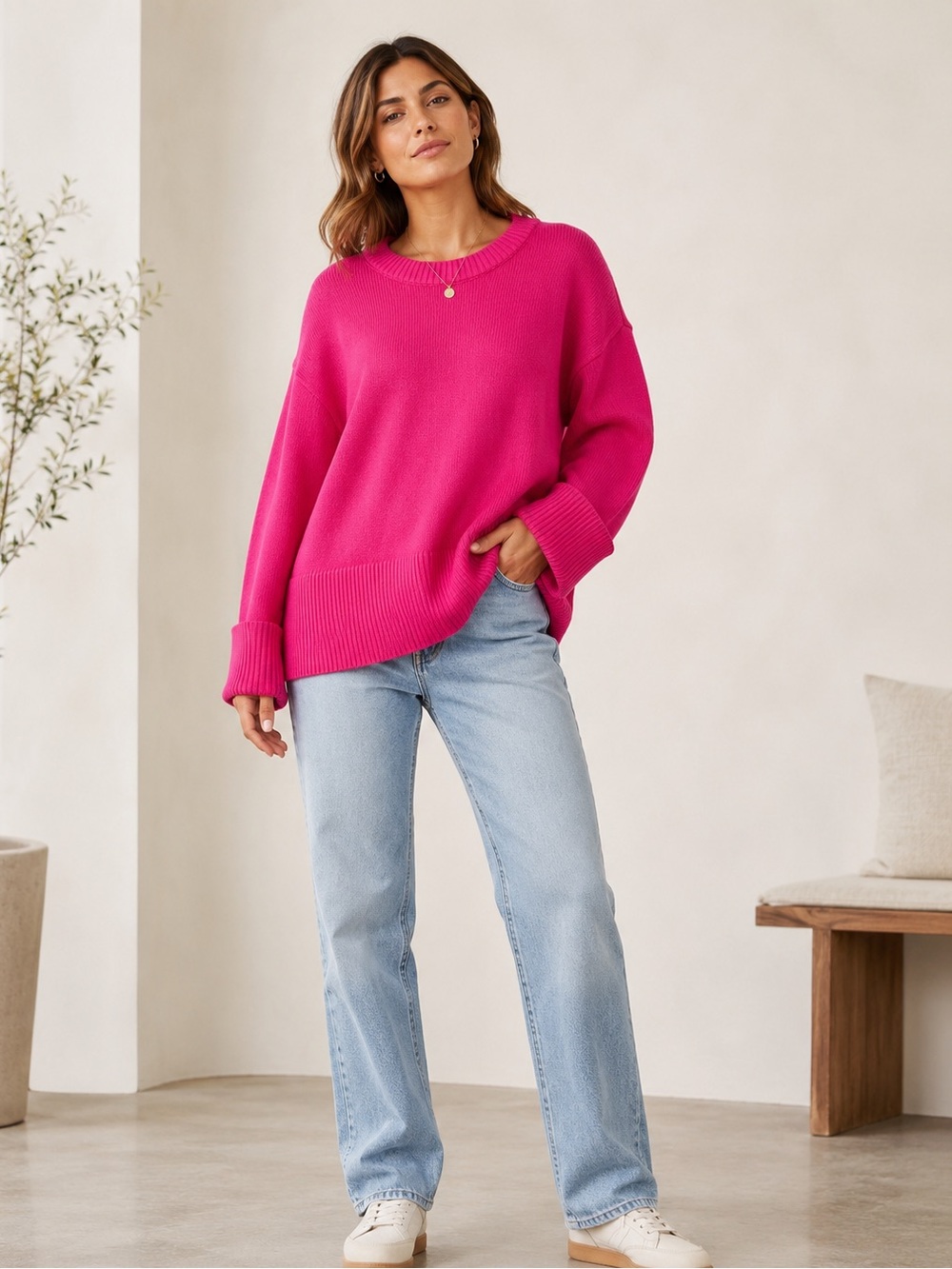 Oversized Cotton Crew Neck Sweater - Hot Pink size L GAP
